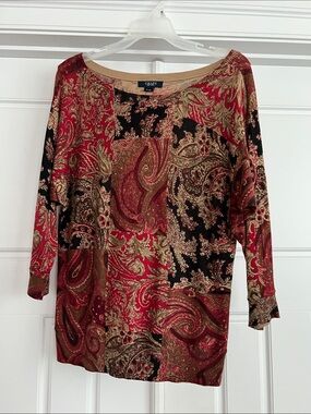 Chaps Red Paisley Patchwork 3/4 quarter Sleeve Top